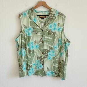 Havana Jack's Cafe Hawaiian Sleeveless Shirt Button Up Floral Plus 2X Green Blue